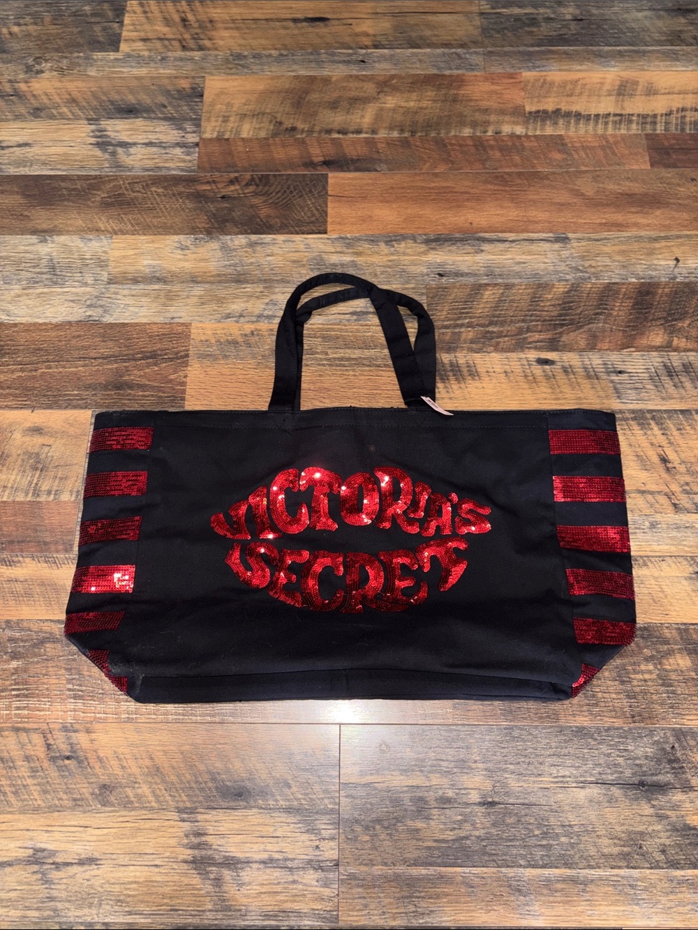 Victorias Secret RED Sequin Logo Weekender Canvas Tote‎ Bag Black NEW